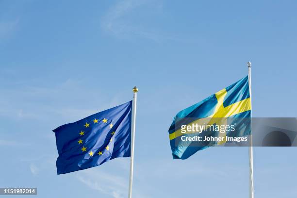 eu flag and swedish flag - swedish flag ストックフォトと画像