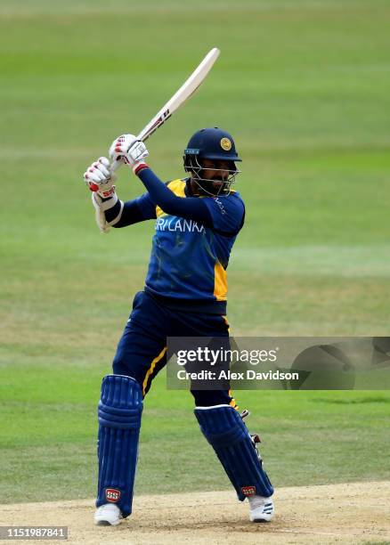 Lahiru Thirimanne of Sri Lanka bats during the ICC Cricket World Cup 2019 Warm Up match between Australia and Sri Lanka at The Hampshire Bowl on May...