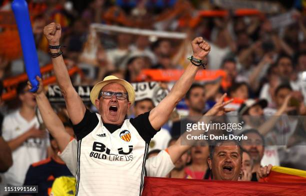 Valencia supporter celebrates after Valencia beat Barcelona 2-1 in the Spanish Copa del Rey final at Estadio Benito Villamarin on May 25, 2019 in...