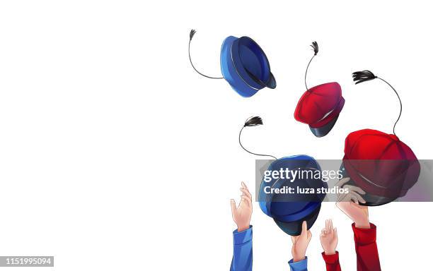 throwing norwegian graduation caps up in the air to celebrate - graduation 2019 stock illustrations