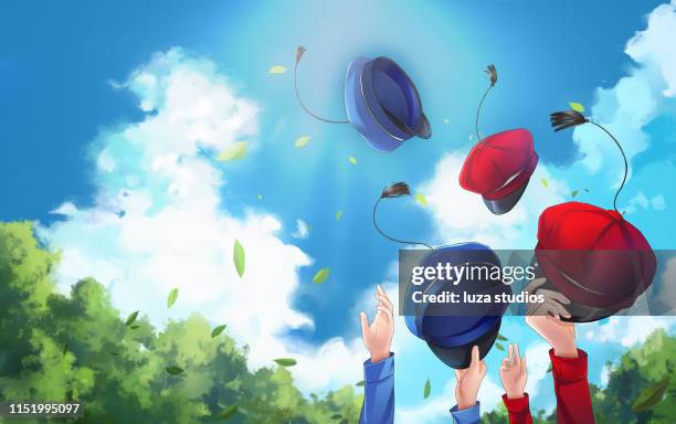 throwing norwegian graduation caps up in the air to celebrate - norwegian national day stock illustrations