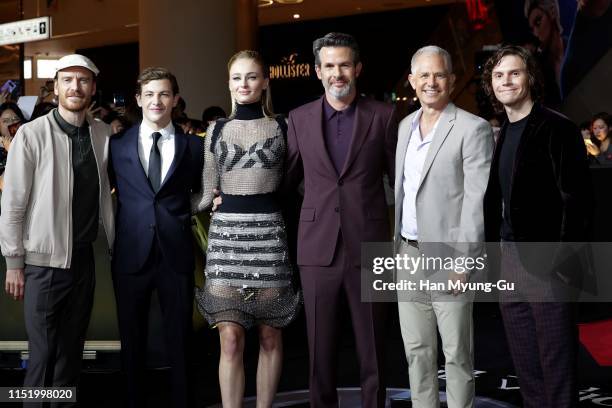 Michael Fassbender, Tye Sheridan, Sophie Turner, director Simon Kinberg, producer Hutch Parker and Evan Peters attend the South Korean premiere of...