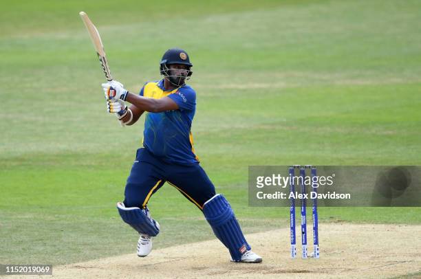 Thisara Perera of Sri Lanka bats during the ICC Cricket World Cup 2019 Warm Up match between Australia and Sri Lanka at The Hampshire Bowl on May 27,...