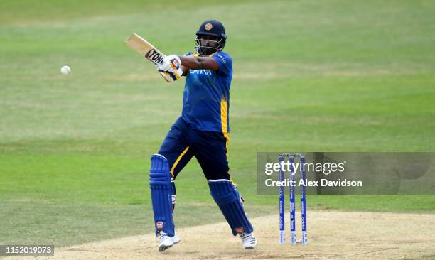 Thisara Perera of Sri Lanka bats during the ICC Cricket World Cup 2019 Warm Up match between Australia and Sri Lanka at The Hampshire Bowl on May 27,...