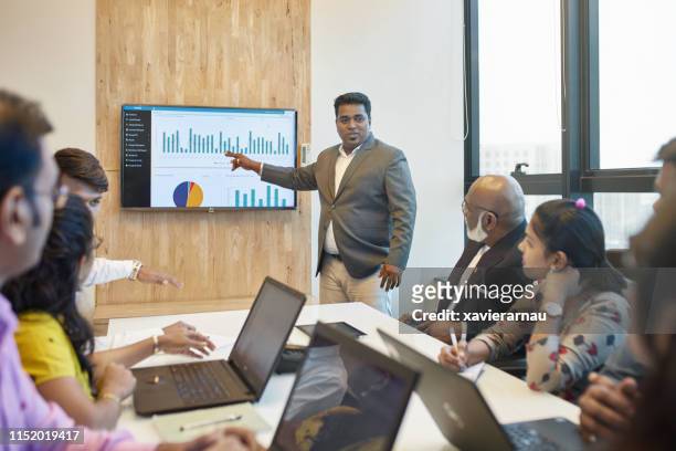 manager explaining graph to colleagues in meeting - chief executive officer stock pictures, royalty-free photos & images