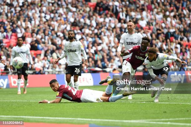 Anwar El Ghazi of Aston Villa scores his team's first goal during the Sky Bet Championship Play-off Final match between Aston Villa and Derby County...