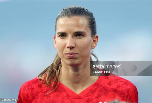 Tobin Heath of the United States stands on the field before the match against New Zealand at Busch Stadium on May 16, 2019 in St Louis, Missouri.
