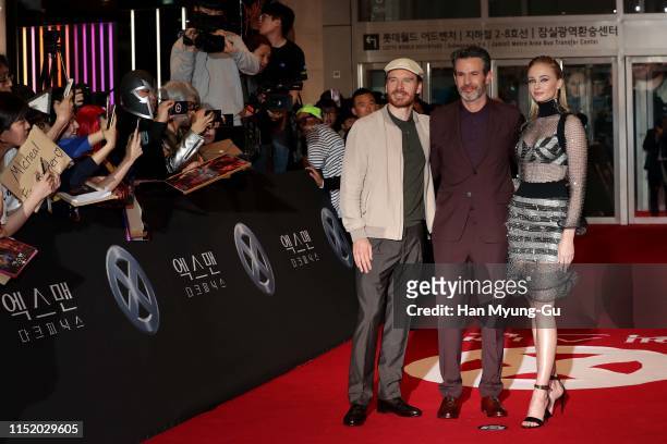 Michael Fassbender, director Simon Kinberg and Sophie Turner attend the South Korean premiere of "X-Men: Dark Phoenix" on May 27, 2019 in Seoul,...