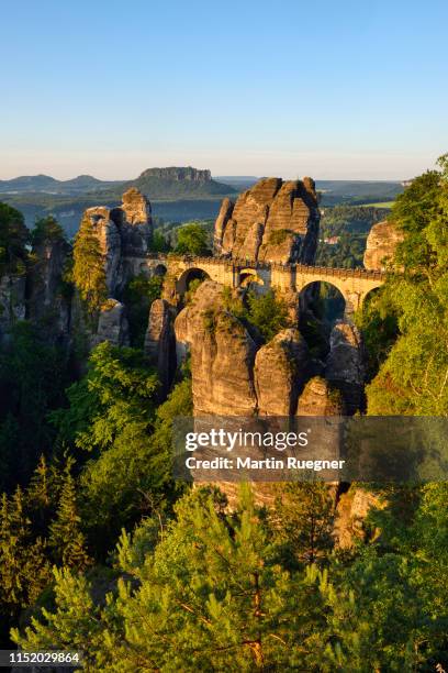 view to the bastei rock formation at sunrise. bastei area, saxon switzerland national park, elbe river, elbe valley, elbe sandstone mountains, pirna, saxony, germany, europe. - elbsandsteingebirge stock-fotos und bilder