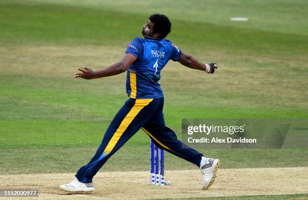 Thisara Perera of Sri Lanka bowls during the ICC Cricket World Cup 2019 Warm Up match between Australia and Sri Lanka at The Hampshire Bowl on May...