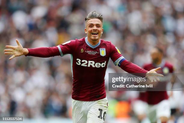 Jack Grealish of Aston Villa celebrates at the full time whistle after his teams victory during the Sky Bet Championship Play-off Final match between...