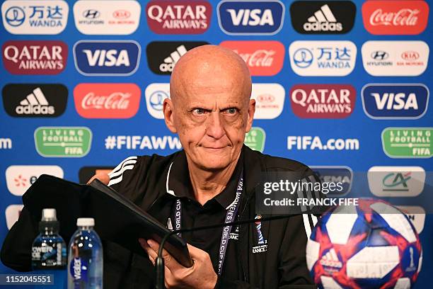 S Referees Committee Italian chairman Pierluigi Collina gives a press conference during the France 2019 Women's football World Cup in Paris on June...