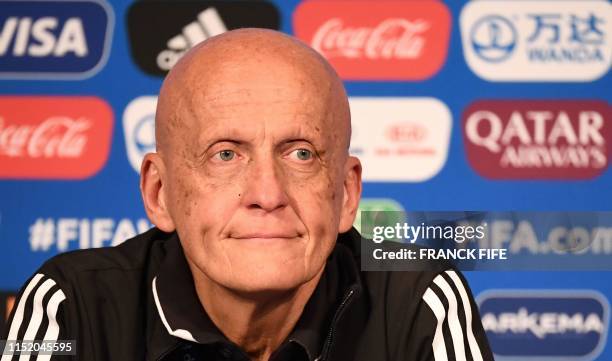 S Referees Committee Italian chairman Pierluigi Collina looks on as he gives a press conference during the France 2019 Women's football World Cup in...