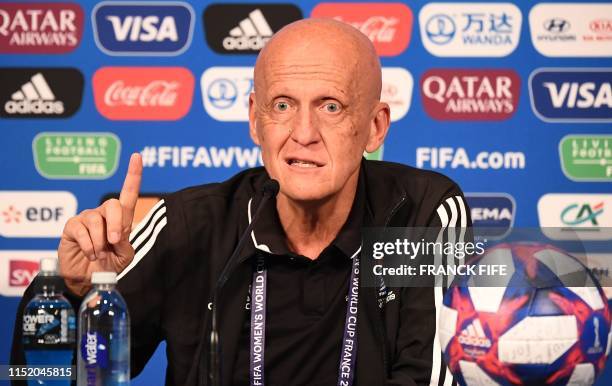 S Referees Committee Italian chairman Pierluigi Collina gestures as he gives a press conference during the France 2019 Women's football World Cup in...