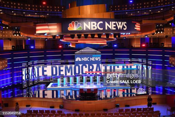 The stage is seen prior to the first Democratic primary debate of the 2020 presidential campaign season on June 26, 2019 in Miami, Florida. -...