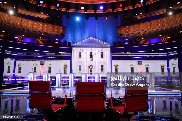 The stage is set for the first Democratic presidential primary debate for the 2020 election at the Adrienne Arsht Center for the Performing Arts,...