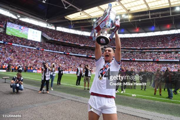 Anwar El Ghazi of Aston Villa celebrates after the Sky Bet Championship Play-off Final match between Aston Villa and Derby County at Wembley Stadium...