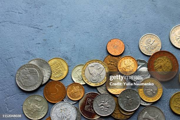 money: old coins of different countries on a gray concrete background. coins of the czech republic, bulgaria, poland, turkey. - rupee stock pictures, royalty-free photos & images