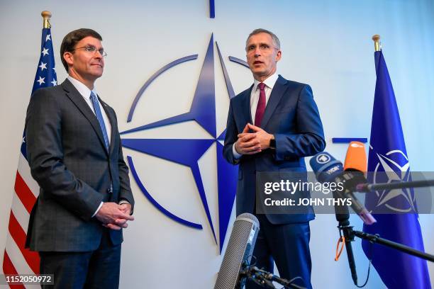 Acting US Secretary for Defense Mark Esper and NATO Secretary General Jens Stoltenberg give a joint press conference during a Defence Ministers...