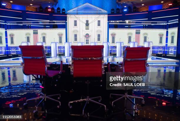 The stage is seen prior to the first Democratic primary debate of the 2020 presidential campaign season at the Adrienne Arsht Center for the...