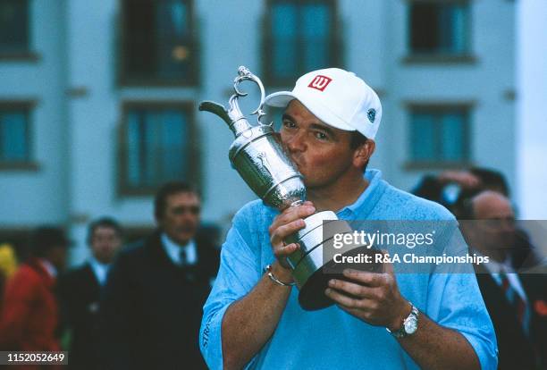 Paul Lawrie of Scotland kisses the Claret Jug following his victory during The 128th Open Championship held at Carnoustie Golf Links, from July...