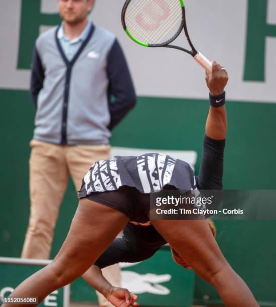May 27. Serena Williams of the United States loses her balance during her match against Vitalia Diatchenko of Russia on Court Philippe-Chatrier in...