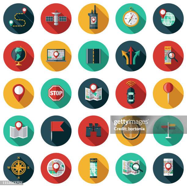 map & navigation icon set - wegweiser stock-grafiken, -clipart, -cartoons und -symbole