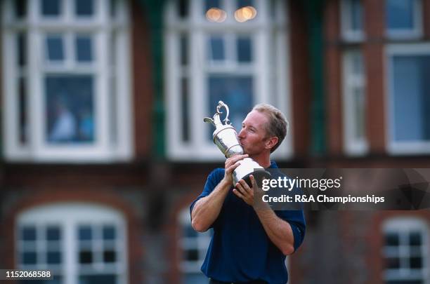 David Duval of the United States kisses the Claret Jug following his victory during The 130th Open Championship held at Royal Lytham & St Annes Golf...