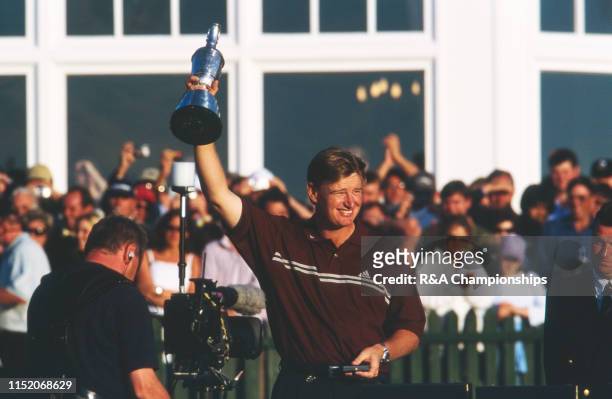 Ernie Els of South Africa holds the Claret Jug following his victory during The 131st Open Championship held at Muirfield Golf Links from July...