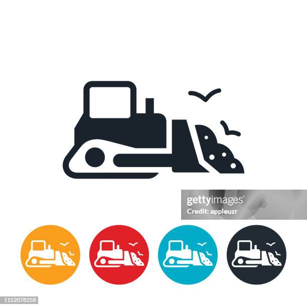 bulldozer pushing grabage icon - unloading stock illustrations