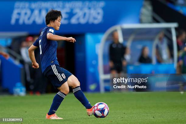 Nana Ichise of Japan does passed during the 2019 FIFA Women's World Cup France Round Of 16 match between Netherlands and Japan at Roazhon Park on...