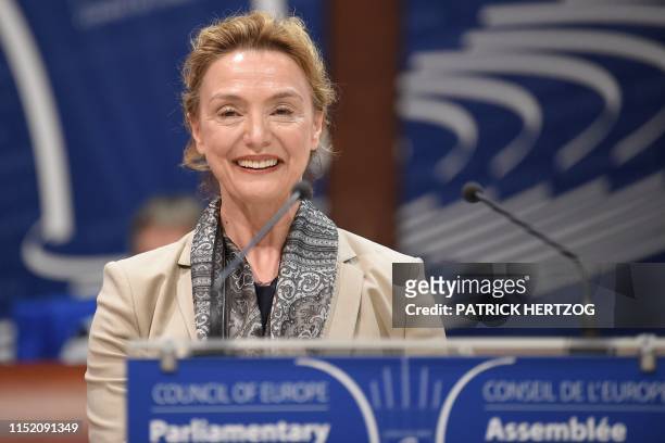 Crotia's minister of Foreign Affairs, Marija Pejcinovic Buric, reacts after being elected new Secretary General of the Council of Europe in...