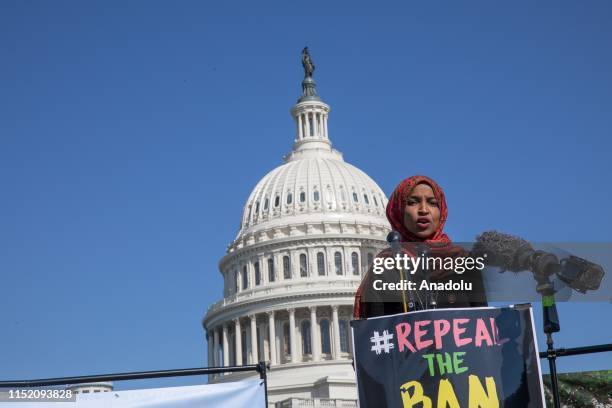 Congresswoman Ilhan Omar speaks during a demonstration held by Council on American-Islamic Relations on one-year anniversary of Supreme Court's...