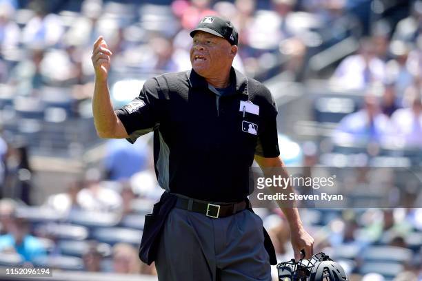 Umpire Kerwin Danley makes a call during the game between the New York Yankees and the Tampa Bay Rays at Yankee Stadium on May 18, 2019 in New York...