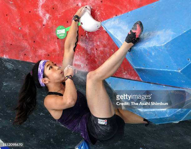 Miho Nonaka competes in the Women's Bouldering on day two of the Sports Climbing Combined Japan Cup on May 26, 2019 in Saijo, Ehime, Japan.