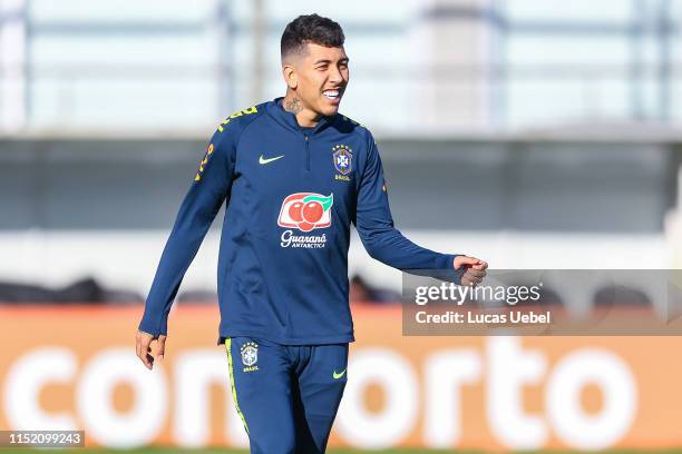 Roberto Firmino of Brazil gestures during a training session at Gremio's Training Center on June 26 in Porto Alegre, Brazil.