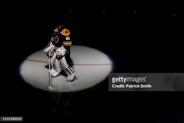 Tuukka Rask of the Boston Bruins is introduced prior to Game One of the 2019 NHL Stanley Cup Final against the St. Louis Blues at TD Garden on May...