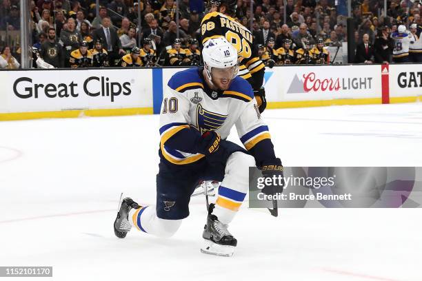 Brayden Schenn of the St. Louis Blues celebrates his first period goal against the Boston Bruins in Game One of the 2019 NHL Stanley Cup Final at TD...