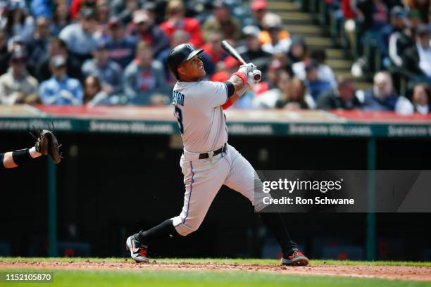 Starlin Castro of the Miami Marlins bats against the Cleveland Indians during the fourth inning at Progressive Field on April 24, 2019 in Cleveland,...