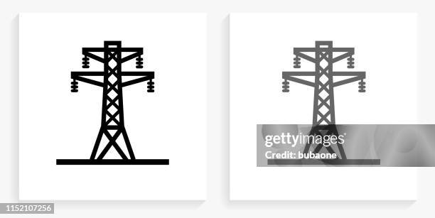 electric tower black and white square icon - electrical wire white background stock illustrations