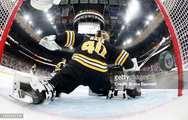 Tuukka Rask of the Boston Bruins allows a second period goal to Vladimir Tarasenko of the St. Louis Blues in Game One of the 2019 NHL Stanley Cup...