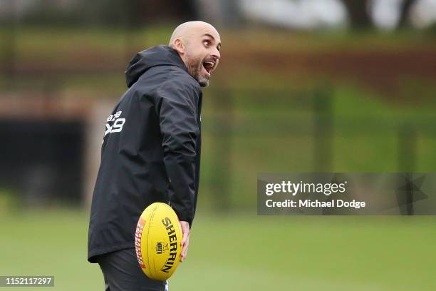 Interim coach Rhyce Shaw talks to reacts during a North Melbourne Kangaroos AFL training session at Arden Street Ground on May 28, 2019 in Melbourne,...