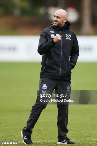 Interim coach Rhyce Shaw reacts during a North Melbourne Kangaroos AFL training session at Arden Street Ground on May 28, 2019 in Melbourne,...