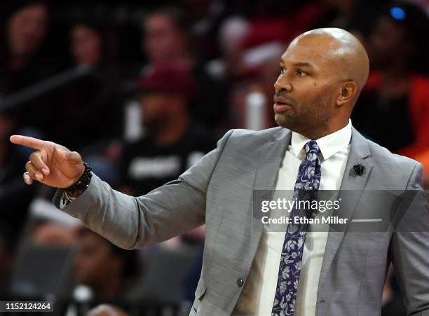 Head coach Derek Fisher of the Los Angeles Sparks looks on during a game against the Las Vegas Aces at the Mandalay Bay Events Center on May 26, 2019...