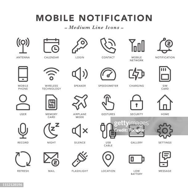 ilustraciones, imágenes clip art, dibujos animados e iconos de stock de notificación móvil-iconos de línea media - callar