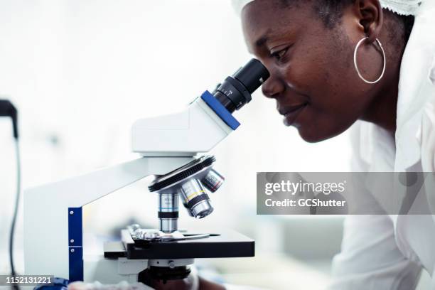 afrikaans meisje met microscoop bij een bio lab - stamcel stockfoto's en -beelden