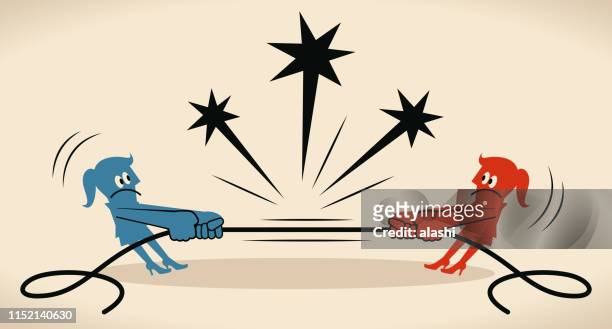 tug of war two businesswomen pulling rope in opposite directions (your worst enemy is yourself) - tug of war stock illustrations