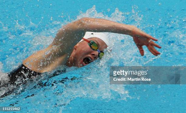 Britta Steffen of SG Neukoelln competes in the women's 100m freestyle final during day five of the German Swimming Championship 2011 at the...