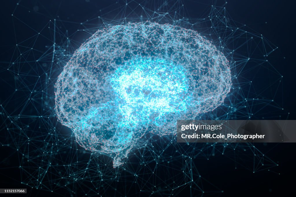 Illustration of Brain analysis and DNA connecting line and dot ,Futuristic design for digital technology and science concept