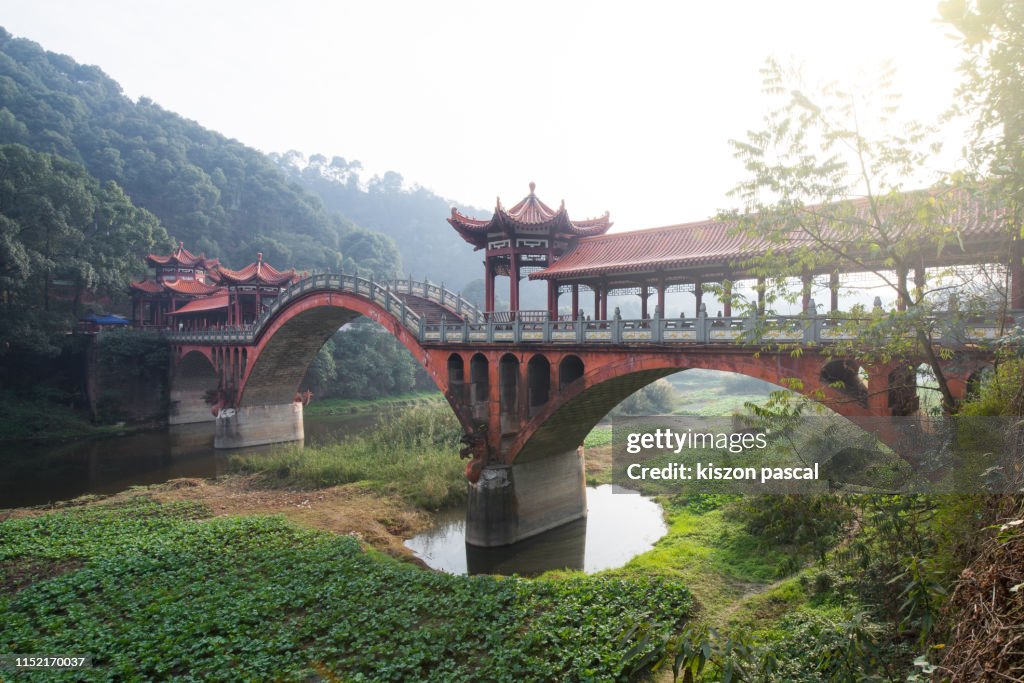 Old Chinese style bridge with stone arch in China . Sichuan province .